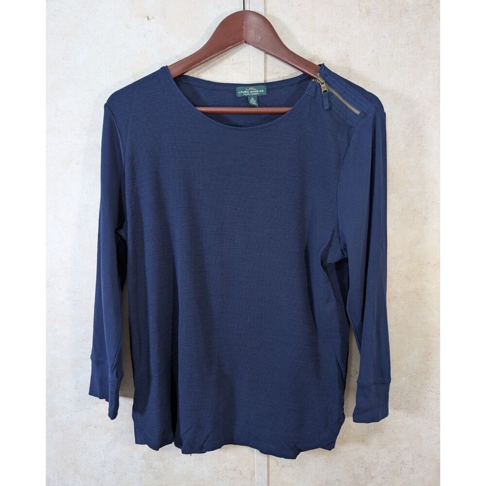 Lauren Ralph Lauren Top Women's XL Blue Shoulder Zip 3/4 Sleeve Knit - Picture 2 of 8